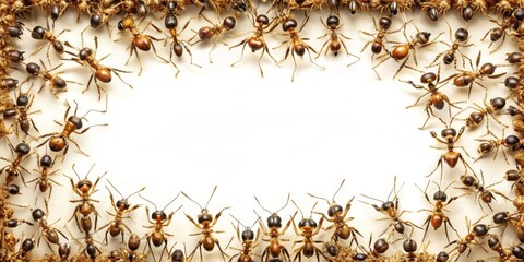 A detailed macro view of many small, brown and black insects forming a border around a bright white blank space