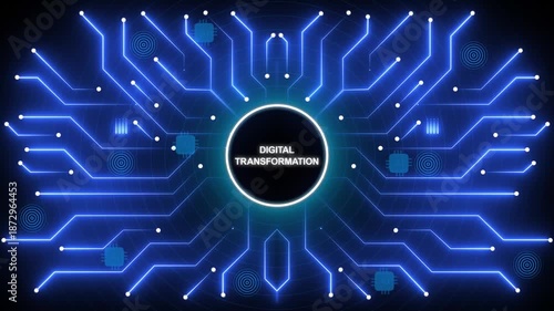 Digital transformation concept with glowing blue circuit board background