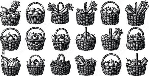 Hand drawn wicker basket collection, fruits vegetables harvest food, vintage market illustration, organic grocery icons, detailed engraved style set