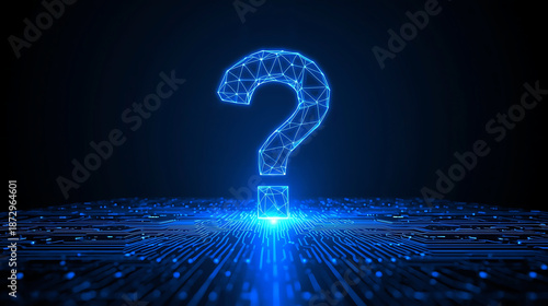 neon blue question mark on circuit board