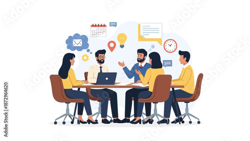 Diverse group of professionals engaged in a collaborative business meeting around a table discussing strategy planning and innovative ideas with floating icons.