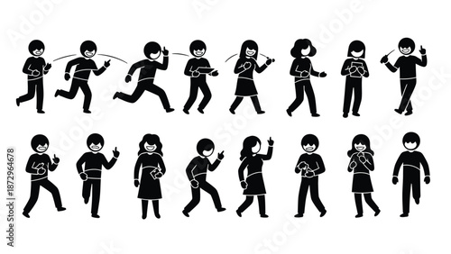 Collection of diverse stick figure icons illustrating various actions like running walking pointing giving signals and holding small objects for visual communication design