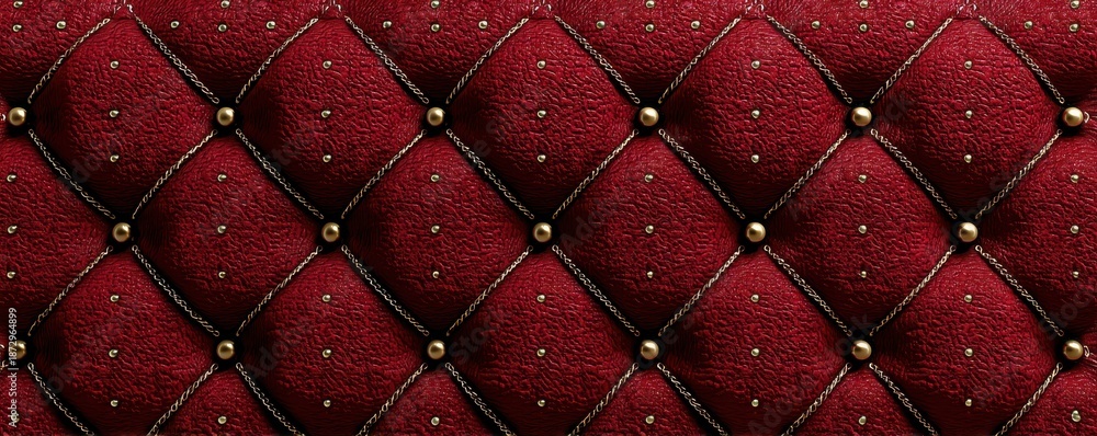 Fototapeta premium Luxurious red quilted leather background with diamond pattern and metal studs for upscale design
