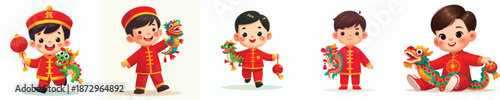 Vector of a boy carrying a Chinese New Year dragon doll. Vector, minimalist, illustration, icon set.