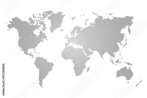 Halftone world map with dot pattern, dotted globe continents graphic, black and white Earth planet, global geography elements, digital simple travel infographics. Vector isolated concept