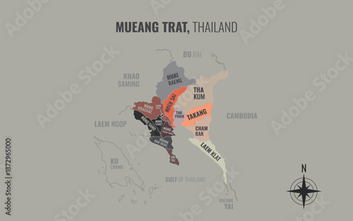 Map showing Mueang Trat District Trat Thailand divided into sub districts with minimalist colorful patterns