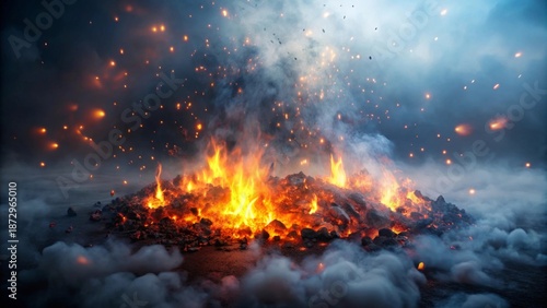 Fiery Embers Ascending Through Smoky Hues into a Dramatic Twilight Sky, Igniting the Darkness with Intense Radiant Heat