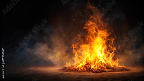 Intense roaring inferno erupts with vibrant orange and yellow flames against a backdrop of swirling dark smoke and embers, a powerful display of heat and light.