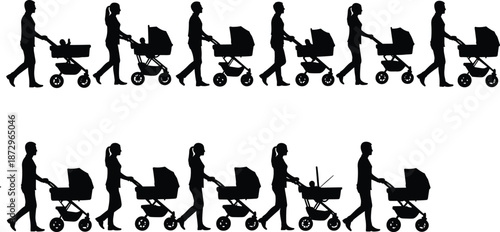 Parent walking with baby stroller silhouette collection, mother and father pushing pram, family parenting icons, isolated people illustration
