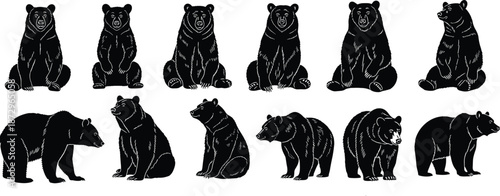Black bear silhouette collection, wild animal poses, forest wildlife icons, hand drawn mammal shapes, isolated nature illustration set