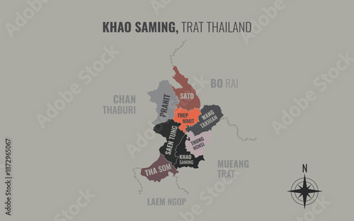 Map showing Khao Saming District Trat Thailand divided into sub districts with minimalist colorful patterns