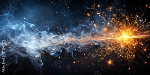 Explosion of energy and smoke with bright sparks and light flares against a dark background