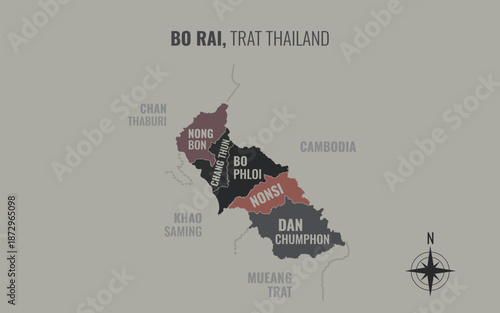 Map showing Bo Rai District Trat Thailand divided into sub districts with minimalist colorful patterns