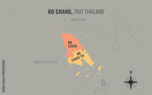 Map showing Ko Chang District Trat Thailand divided into sub districts with minimalist colorful patterns