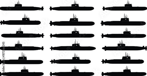 Black submarine silhouettes collection, military naval underwater vessels shapes, modern defense fleet icons, vector illustration isolated on white background