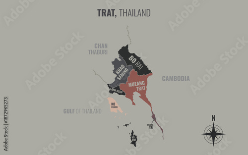 A map showing Trat Thailand divided into districts in a minimalist colorful style