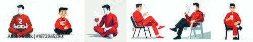 Vector of a man sitting while drinking coffee in Chinese New Year atmosphere. Vector, minimalist, illustration, icon set.