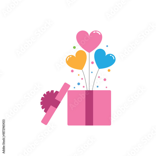 Pink gift box with colorful heart balloons
