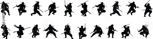 Black ninja warrior silhouettes collection with dynamic sword fighting poses, martial arts action figures, vector illustration isolated on white background