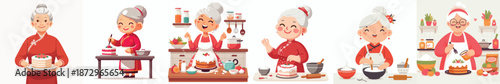 Vector of grandmother making Chinese New Year cake. Vector, minimalist, illustration, icon set.