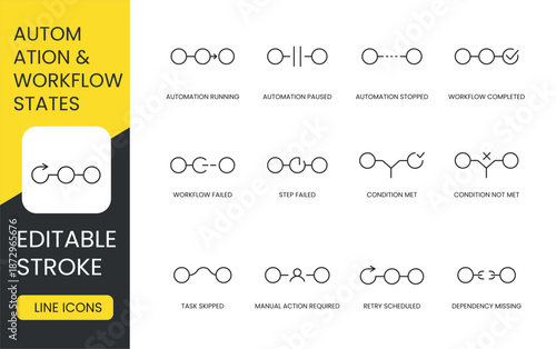 A set of vector icons representing automation and workflow statuses, including running, paused, completed, failed, skipped, and conditional states, created in line style with editable stroke