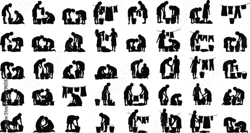 Women washing clothes silhouette set, traditional laundry activities, rural daily life scenes, household work vector illustration isolated on white background