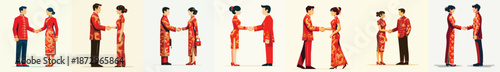 Vector of two people shaking hands wearing traditional Chinese clothes. Vector, minimalist, illustration, icon set.