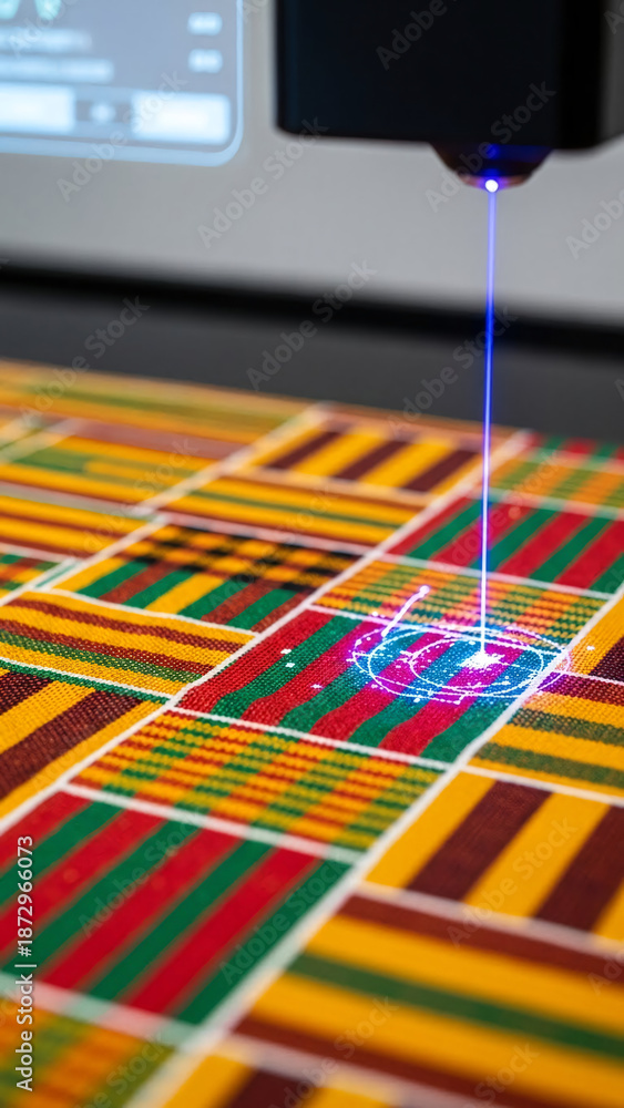 Fototapeta premium High-Precision Laser Technology Engraving Intricate Patterns on Colorful Traditional African Fabric Patterns