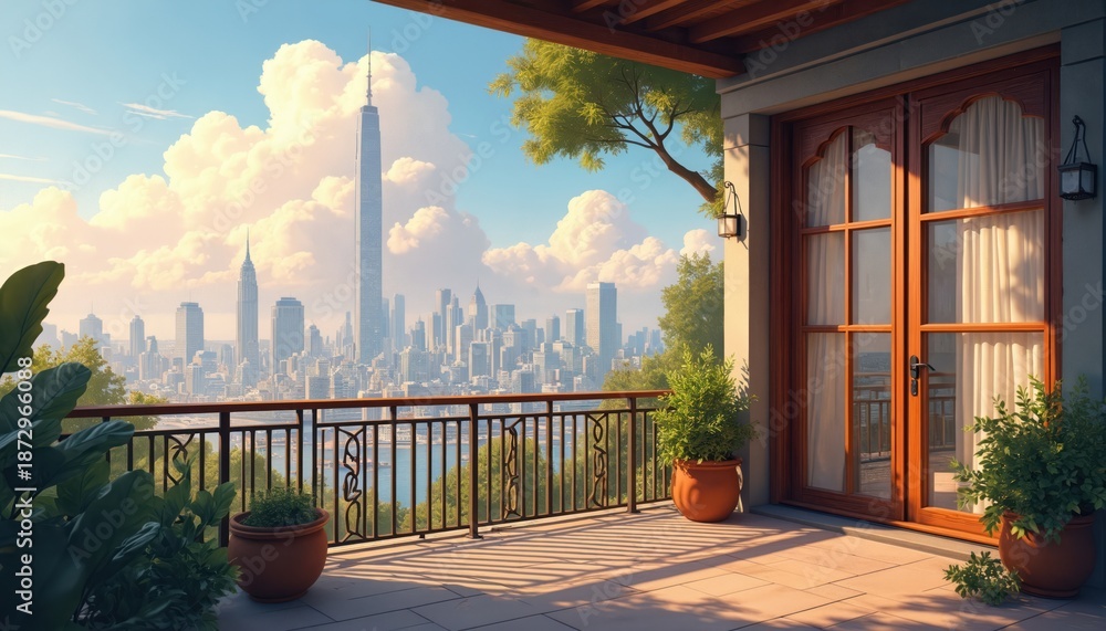 Naklejka premium Illustration presents balcony overlooking cityscape with tall buildings. Balcony features potted plants, decorative railing. Sunny day sky with fluffy clouds over urban scene provides relaxing vibe.