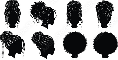 Black female hairstyle silhouettes curly bun afro profiles isolated white background beauty fashion illustration set vector design collection modern art