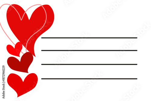 A romantic heart-themed note template with red hearts and horizontal lines, designed for love letters, Valentine’s messages, or romantic notes.