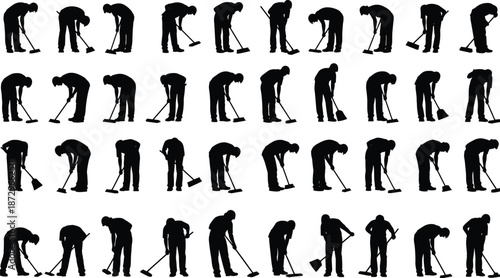 Construction worker silhouettes cleaning sweeping set isolated on white background labor work activity industrial people illustration collection design