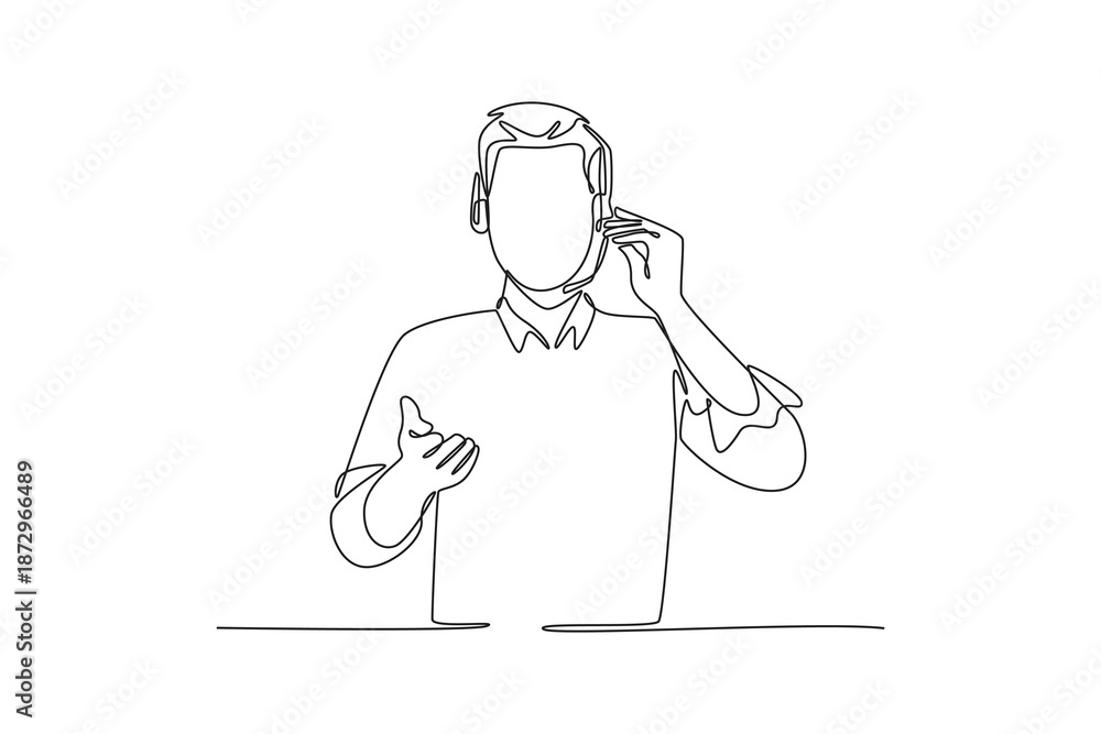 Obraz premium Answering male consultant of call center. Marketing Call concept. Single line draw design. Vector graphic illustration