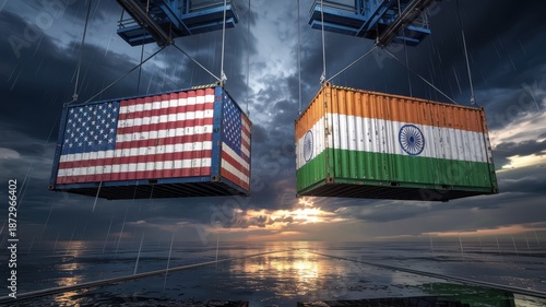 Symbolic representation of international trade and partnership between the united states and india with shipping containers suspended in a dramatic sky