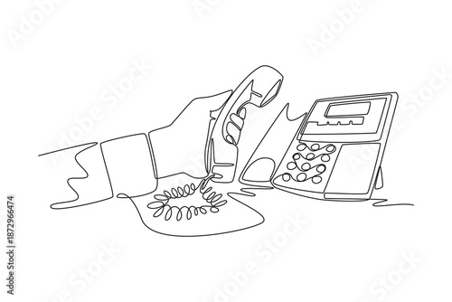 businessman holding a telephone receiver about to make a phone call on landline telephone. Marketing Call concept. Single line draw design. Vector graphic illustration