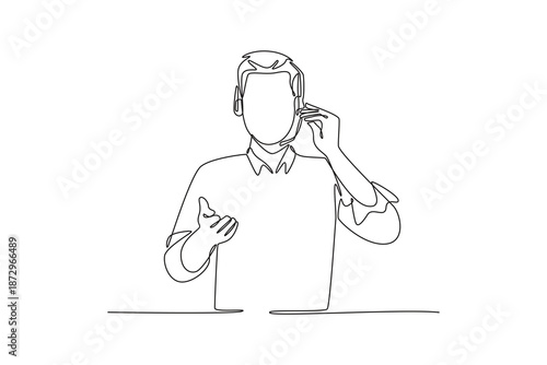 Answering male consultant of call center. Marketing Call concept. Single line draw design. Vector graphic illustration