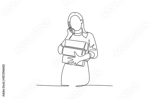 Small business entrepreneur woman using phone call receive from customer. Marketing Call concept. Single line draw design. Vector graphic illustration