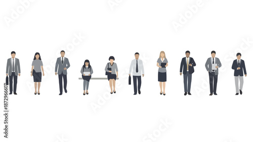 A diverse group of business professionals, both male and female, stand in a line, dressed in formal attire, holding briefcases and documents, representing a corporate team.