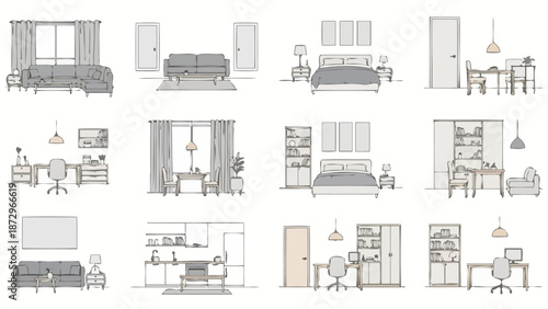 A grid of 12 detailed line drawings showcasing various interior design elements and room layouts, including living rooms, bedrooms, dining areas, and home offices.