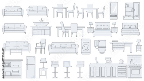 A comprehensive collection of line-art illustrations depicting various furniture items and home appliances, presented in a clean, minimalist style.