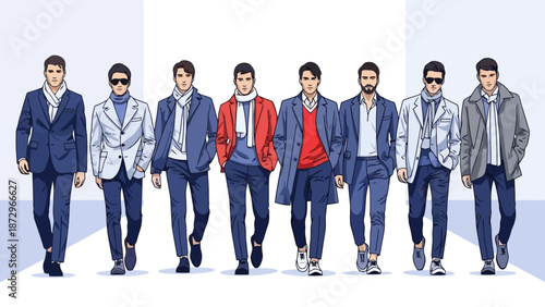 A diverse group of fashionably dressed men walking confidently on a runway, showcasing stylish outfits and modern menswear.