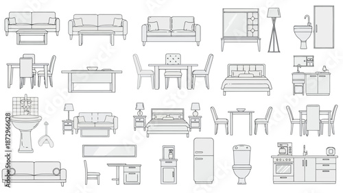A comprehensive collection of detailed line-art illustrations of various furniture and home interior elements, presented in a clean, monochromatic style.