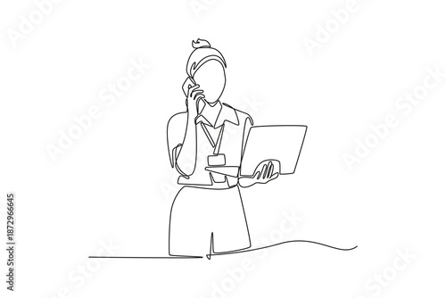 woman sme entrepreneur receiving phone call for new sales order. Marketing Call concept. Single line draw design. Vector graphic illustration
