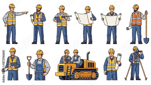 A collection of construction workers in various poses, some holding blueprints, tools, and equipment, illustrating different aspects of the building industry.