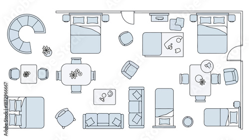 A comprehensive floor plan illustrating a multi-room living space with furniture arrangements, including bedrooms, dining areas, and lounge spaces.