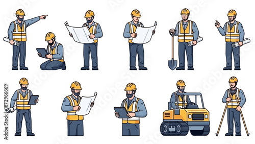 Collection of Construction Workers in Various Poses with Blueprints, Tablets, and Equipment.