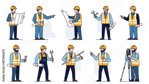 Collection of diverse construction workers and engineers in various poses, holding blueprints and tools, representing different aspects of the building and engineering industry.