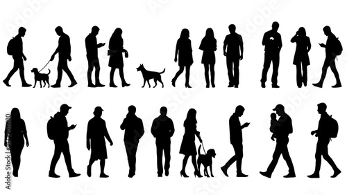 A collection of diverse silhouettes of people and dogs walking in various poses against a white background.