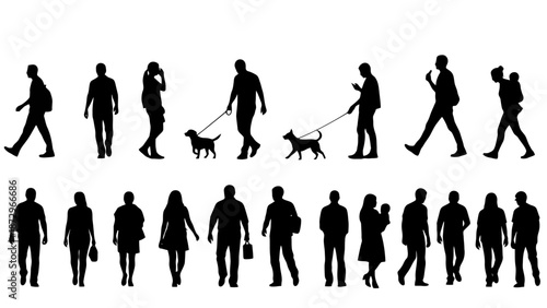 A collection of black silhouettes of people and dogs walking in various poses, presented against a white background.