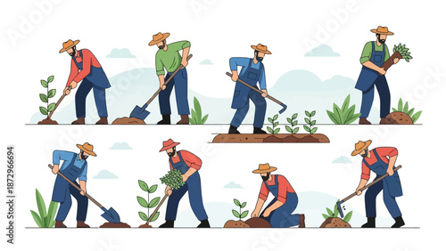 A collection of illustrations depicting farmers engaged in various agricultural activities such as planting, digging, and tending to crops in a field.